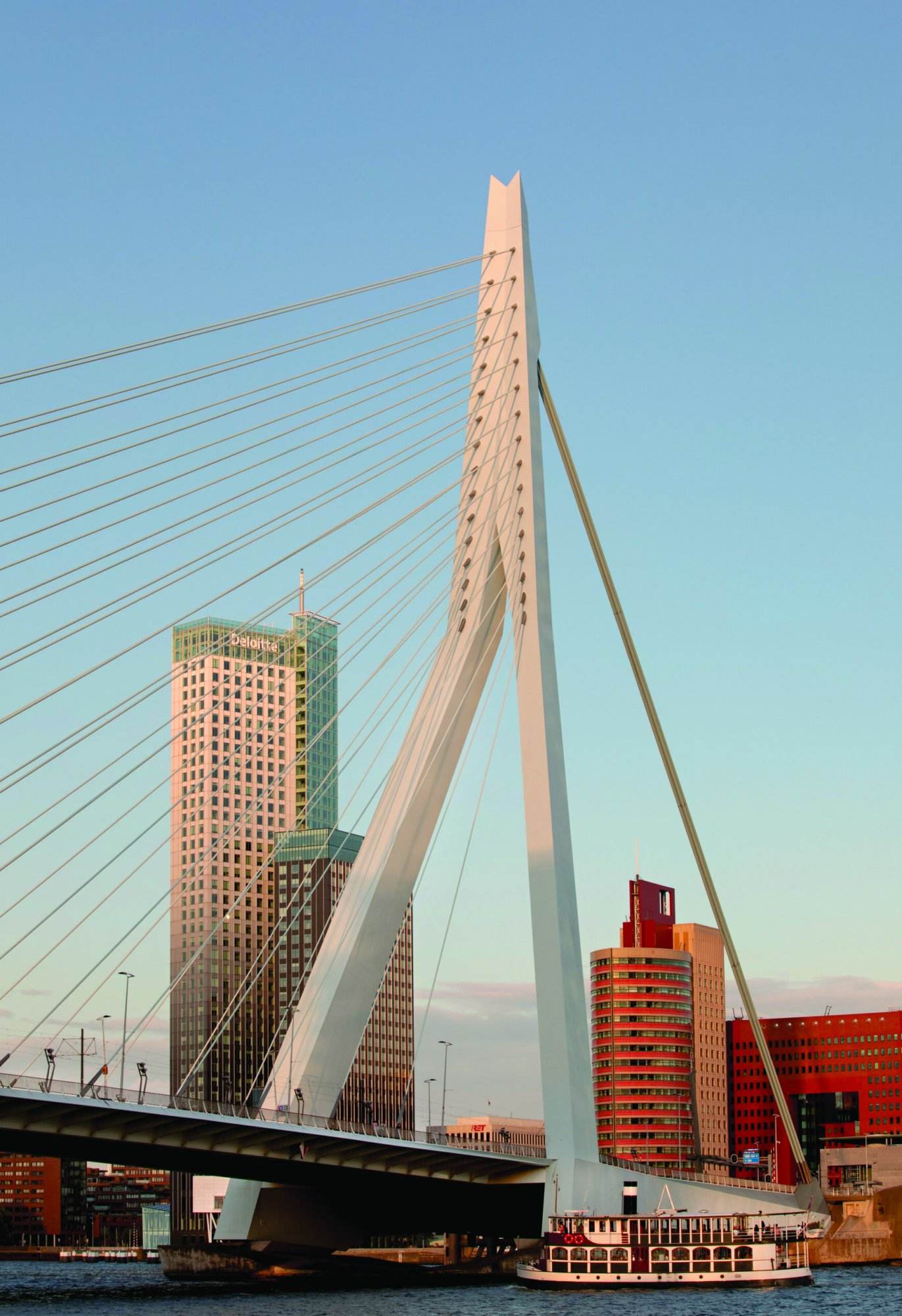 Erasmusbrug met skyline van Rotterdam op achtergrond
